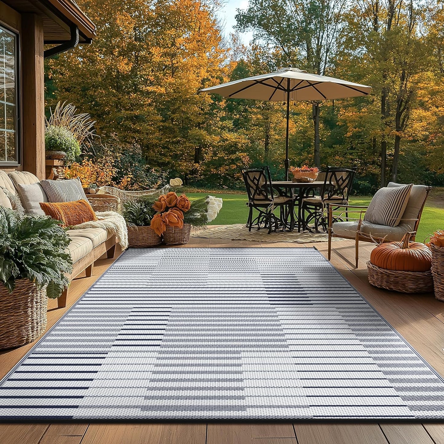 GENIMO Simple Patchwork Stripe Print Double Sided Waterproof Outdoor Rug