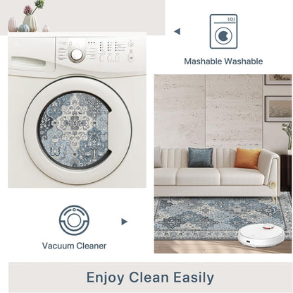 GENIMO Lightweight Vintage Diamond Floral Print Machine Washable Area Rug