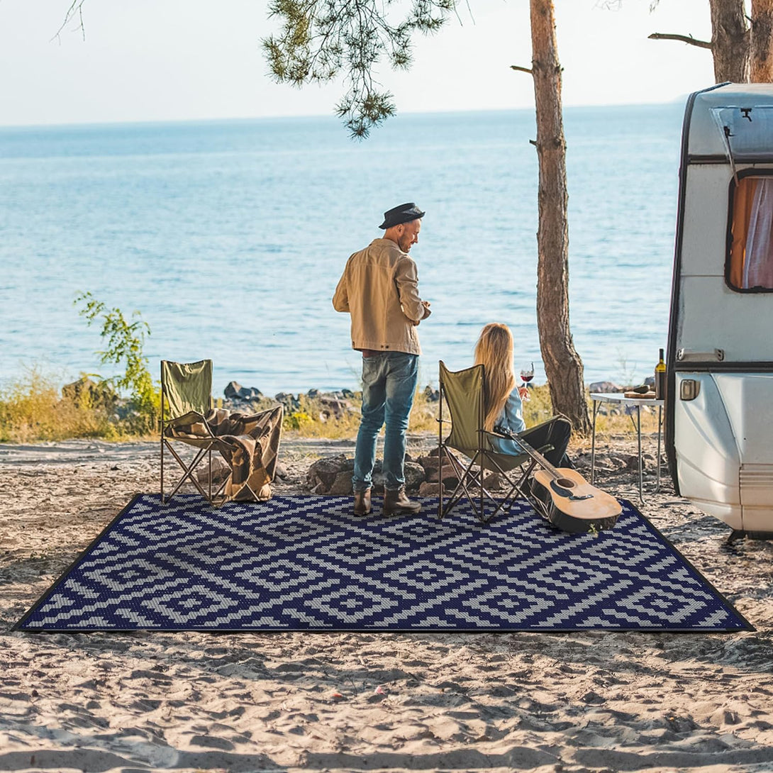 2 Sided Rugs GENIMO Rhombic Printed Double Sided Waterproof Outdoor Rug Blue