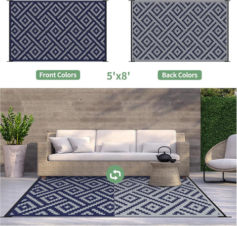 GENIMO Rhombic Printed Double Sided Waterproof Outdoor Rug Blue