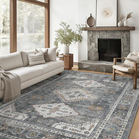 GENIMO Fantasy Geometric Floral Print Non-Slip Washable Area Rug Gray