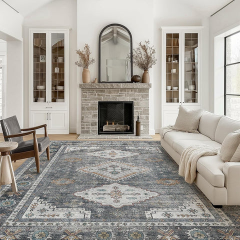 GENIMO Fantasy Geometric Floral Print Non-Slip Washable Area Rug Gray