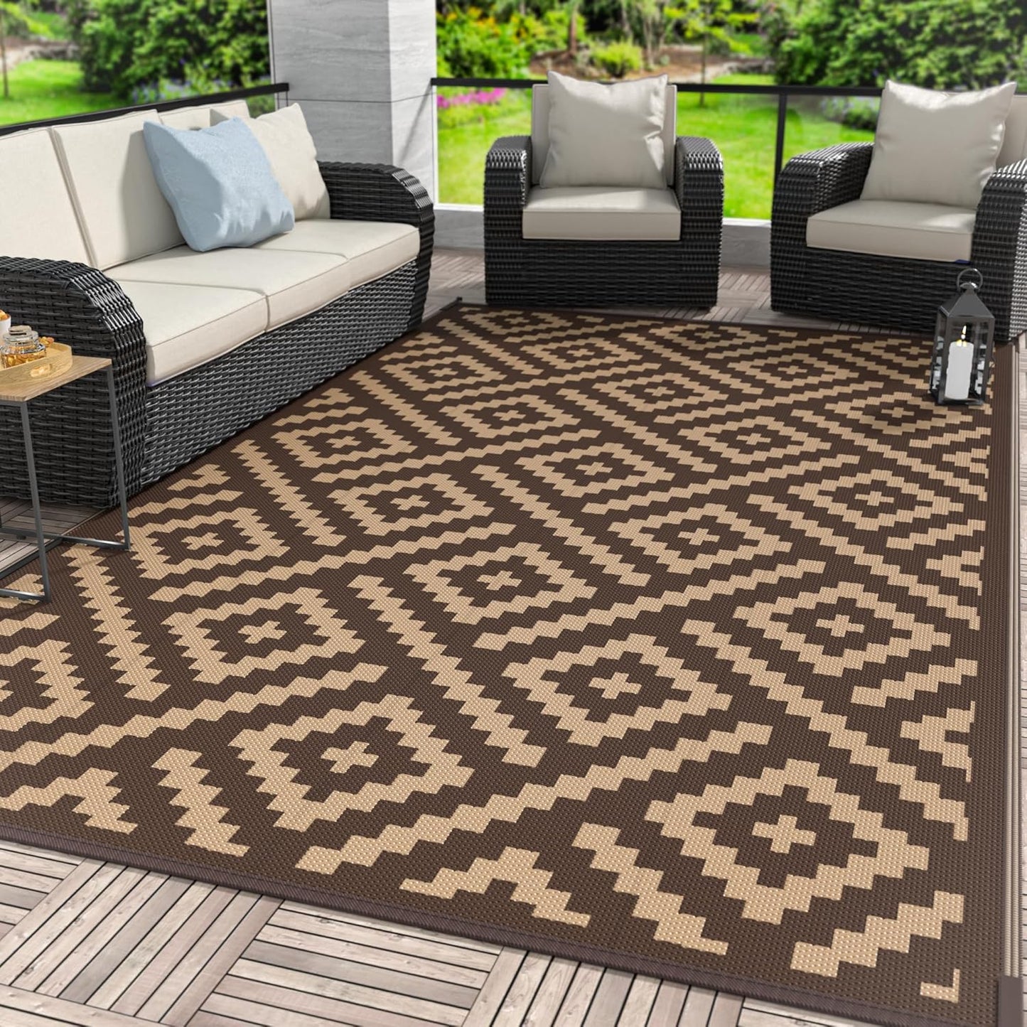 GENIMO Rhombic Printed Double Sided Waterproof Outdoor Rug Brown