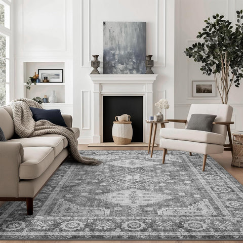 GENIMO Fantasy Geometric Floral Print Non-Slip Washable Area Rug Gray