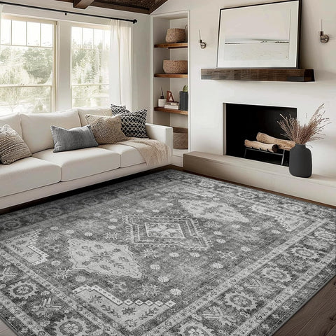 GENIMO Fantasy Geometric Floral Print Non-Slip Washable Area Rug Gray