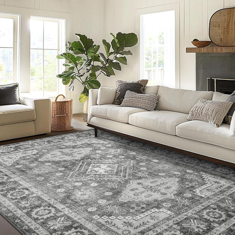 GENIMO Fantasy Geometric Floral Print Non-Slip Washable Area Rug Gray