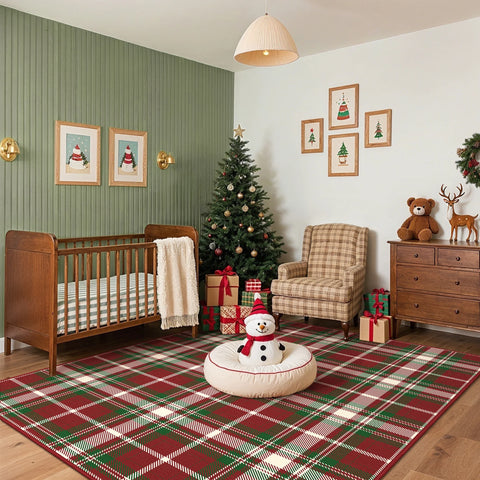 Valence Christmas Washable Classic Checkerboard Belgian Velvet Rug Green and Red