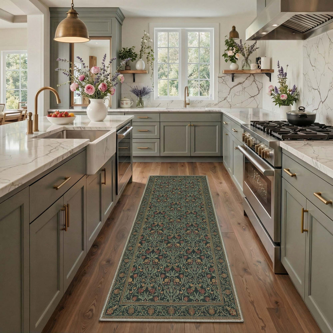 Gavina Maximalist Blossom Washable Rug in Dark Green | GENIMO