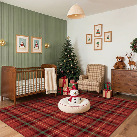 Valence Christmas Washable Classic Checkerboard Belgian Velvet Rug Red