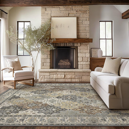 GENIMO Lightweight Vintage Diamond Floral Print Machine Washable Area Rug