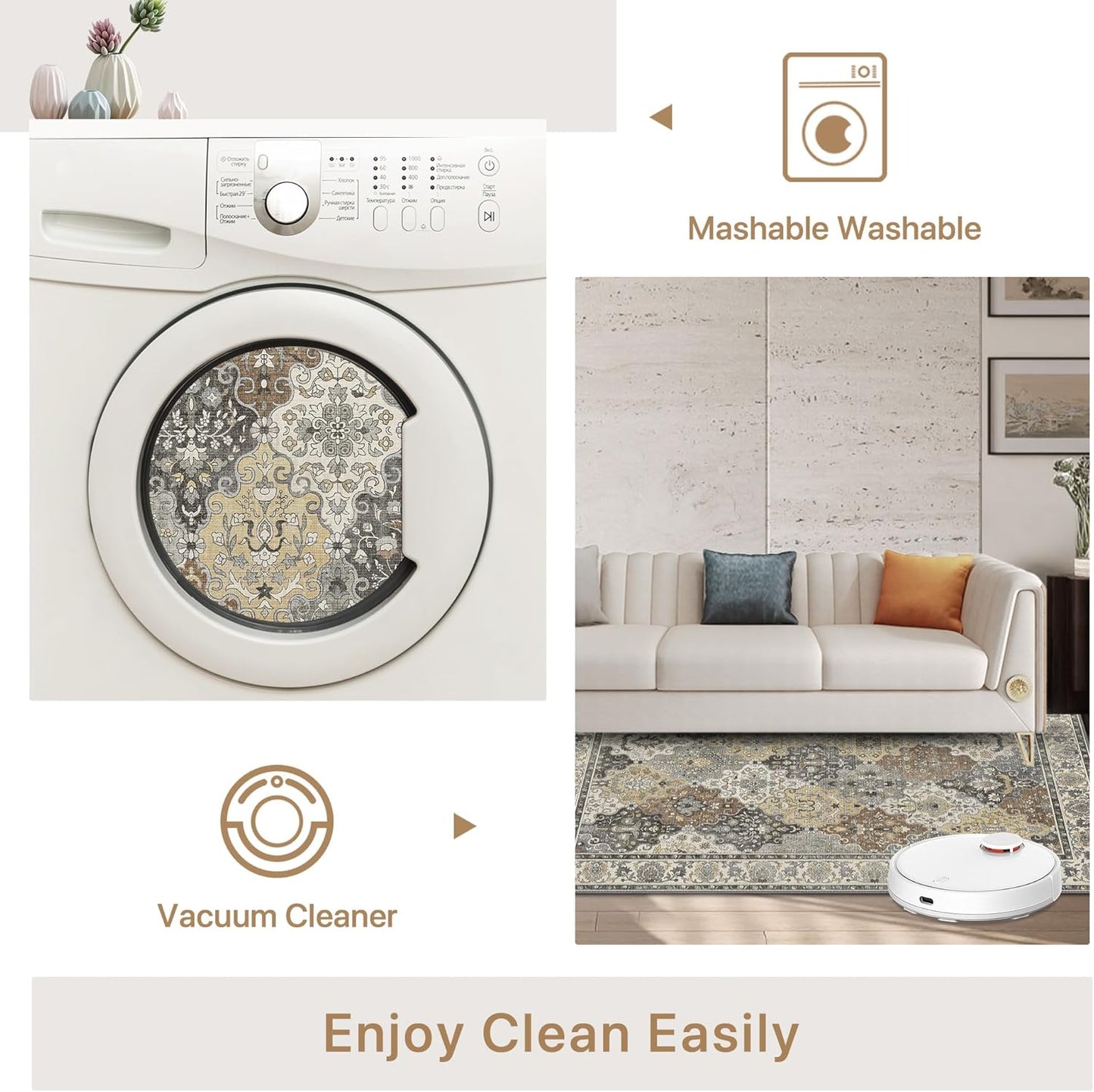 GENIMO Lightweight Vintage Diamond Floral Print Machine Washable Area Rug