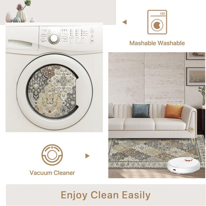 GENIMO Lightweight Vintage Diamond Floral Print Machine Washable Area Rug