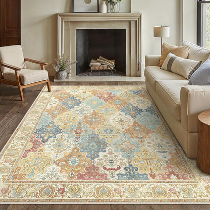 GENIMO Lightweight Vintage Diamond Floral Print Machine Washable Area Rug