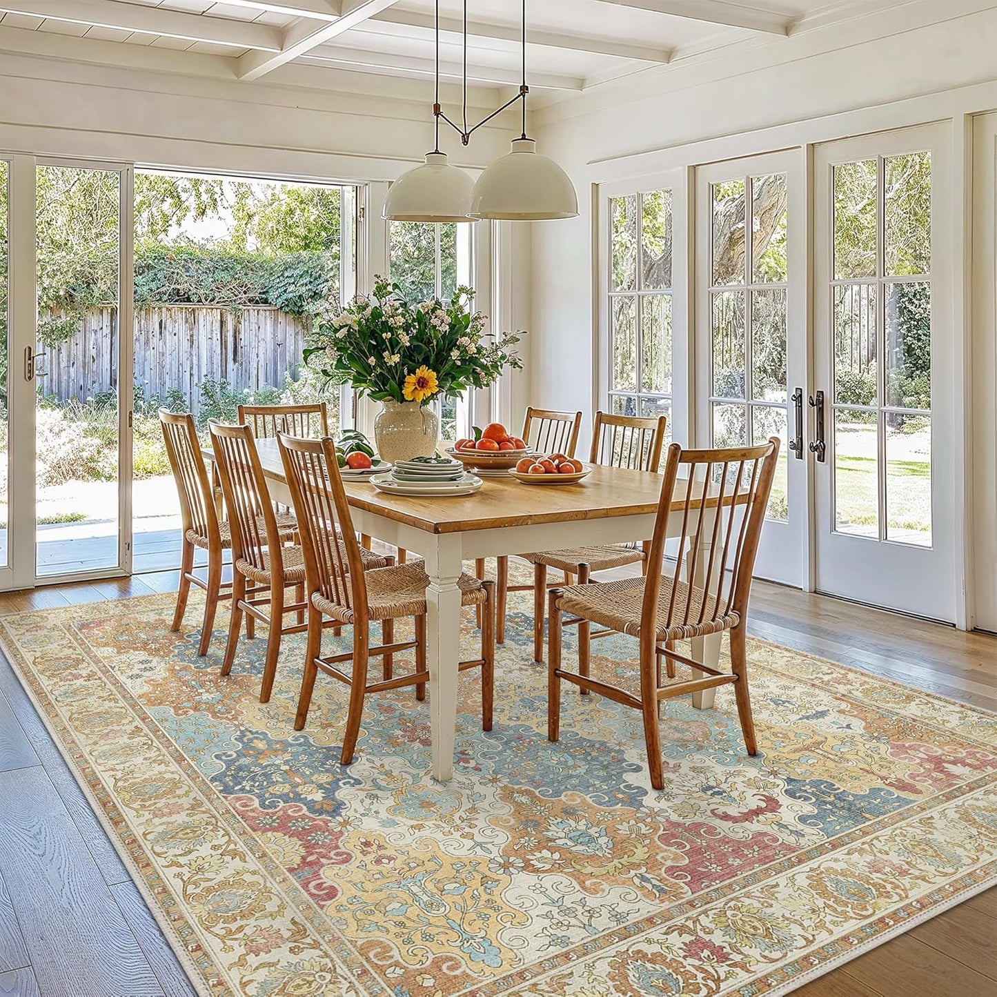 GENIMO Lightweight Vintage Diamond Floral Print Machine Washable Area Rug