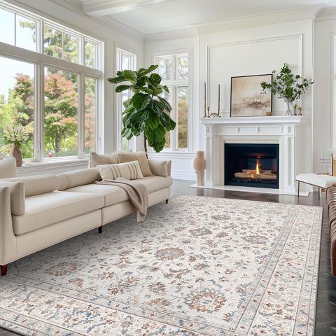 GENIMO Fresh Small Floral Print Machine Washable Neutral Area Rug