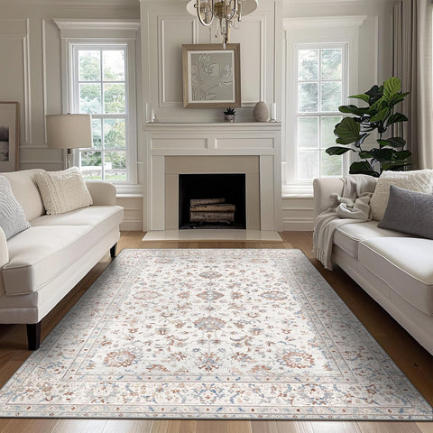 GENIMO Fresh Small Floral Print Machine Washable Neutral Area Rug