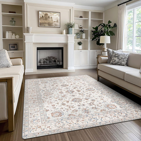 GENIMO Fresh Small Floral Print Machine Washable Neutral Area Rug