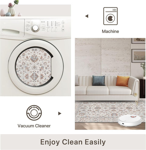 GENIMO Fresh Small Floral Print Machine Washable Neutral Area Rug