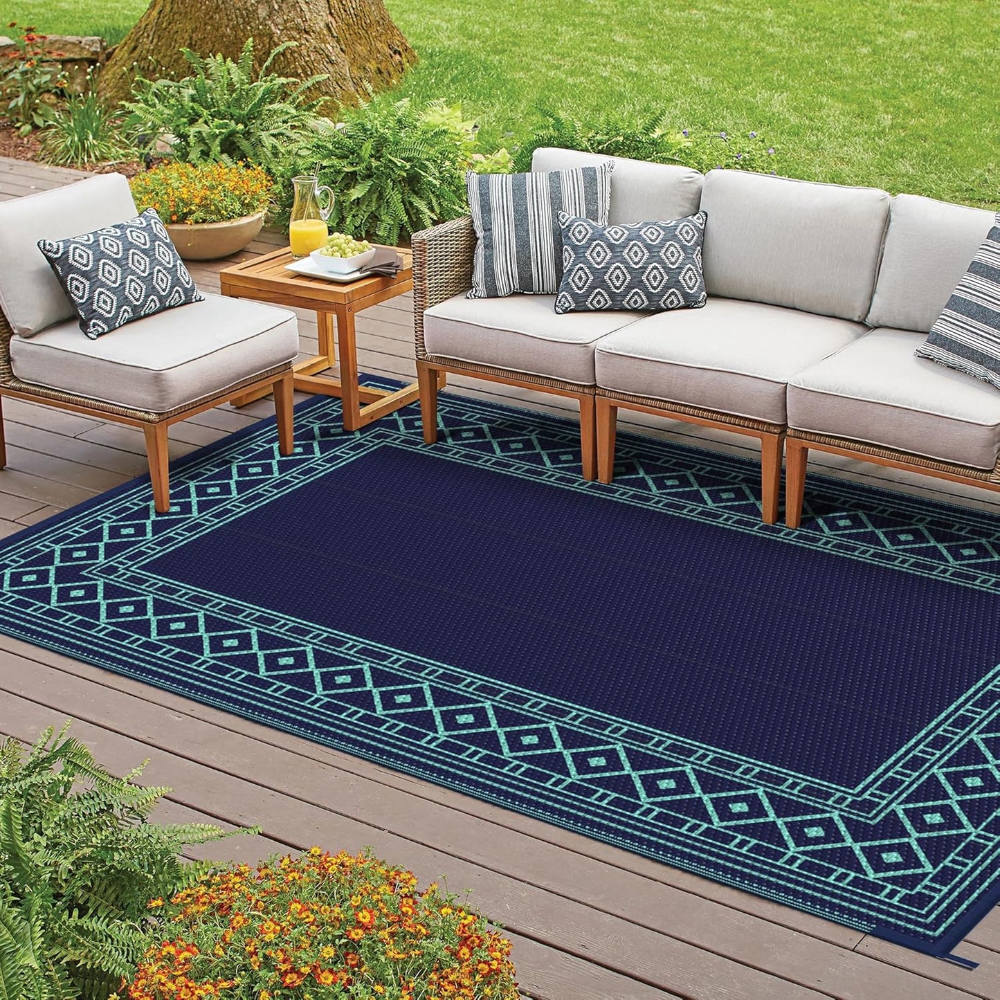 GENIMO Bohemian Style Waterproof Outdoor Rug Blue
