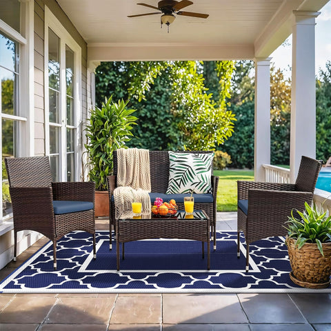 GENIMO Symmetrical Geometric Aesthetic Waterproof Reversible Outdoor Rug Blue