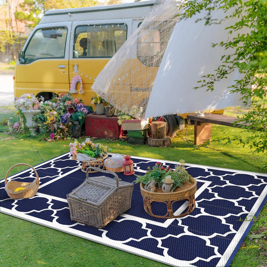GENIMO Symmetrical Geometric Aesthetic Waterproof Reversible Outdoor Rug Blue