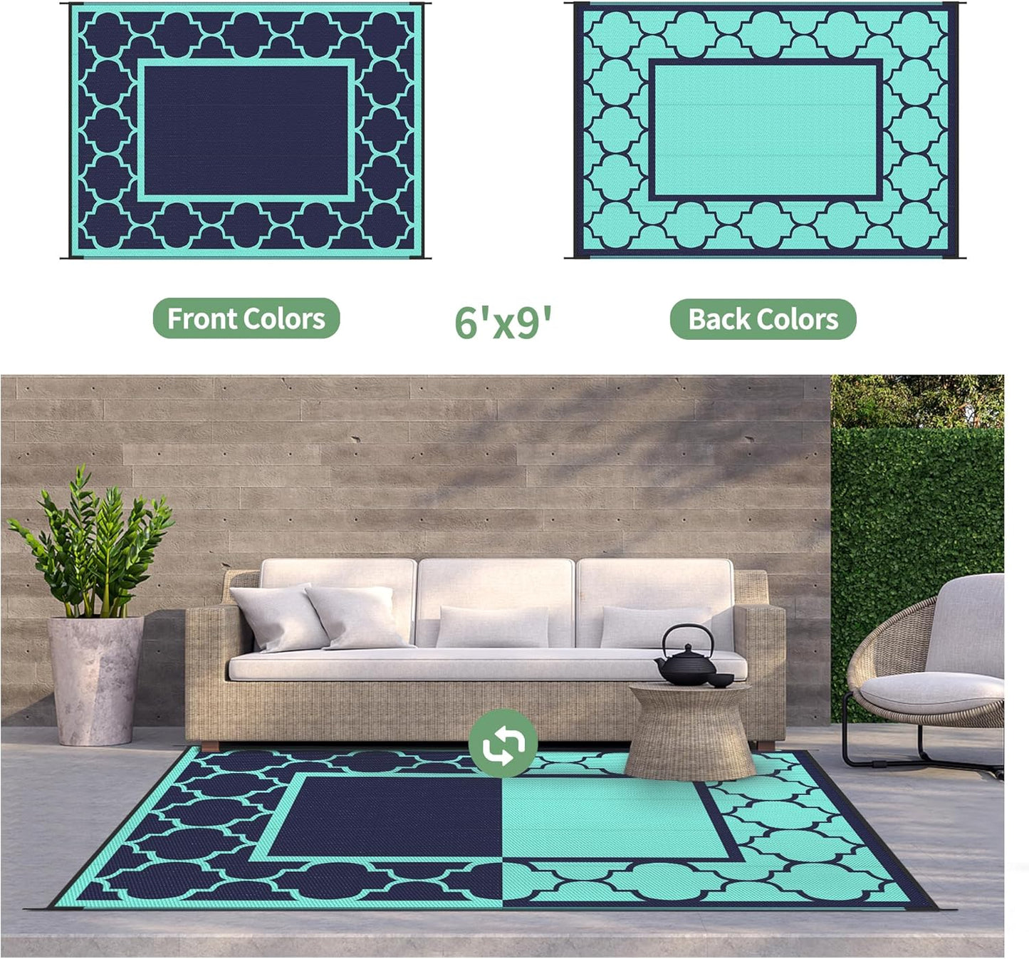 GENIMO Symmetrical Geometric Aesthetic Waterproof Reversible Outdoor Rug Blue