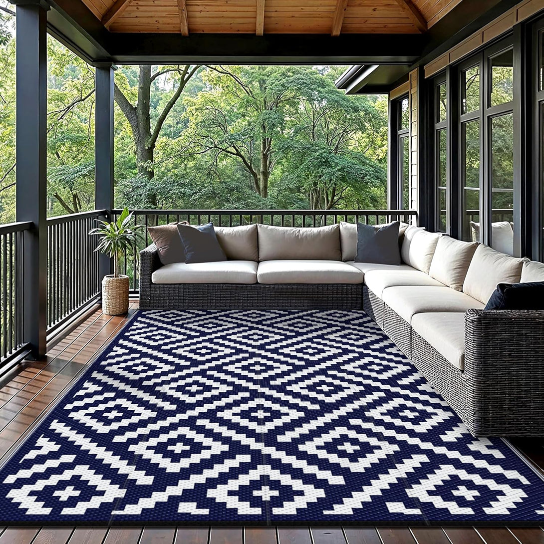 2 Sided Rugs GENIMO Rhombic Printed Double Sided Waterproof Outdoor Rug Blue