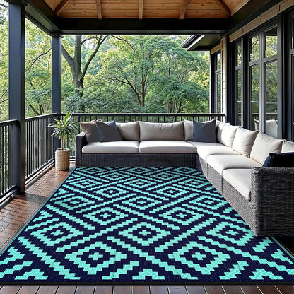 GENIMO Rhombic Printed Double Sided Waterproof Outdoor Rug Blue