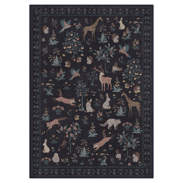 Aven Machine Washable Forest Animal Black Rugs