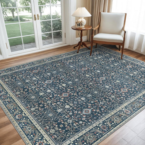 GENIMO Washable Low Pile Blue White Porcelain Area Rug
