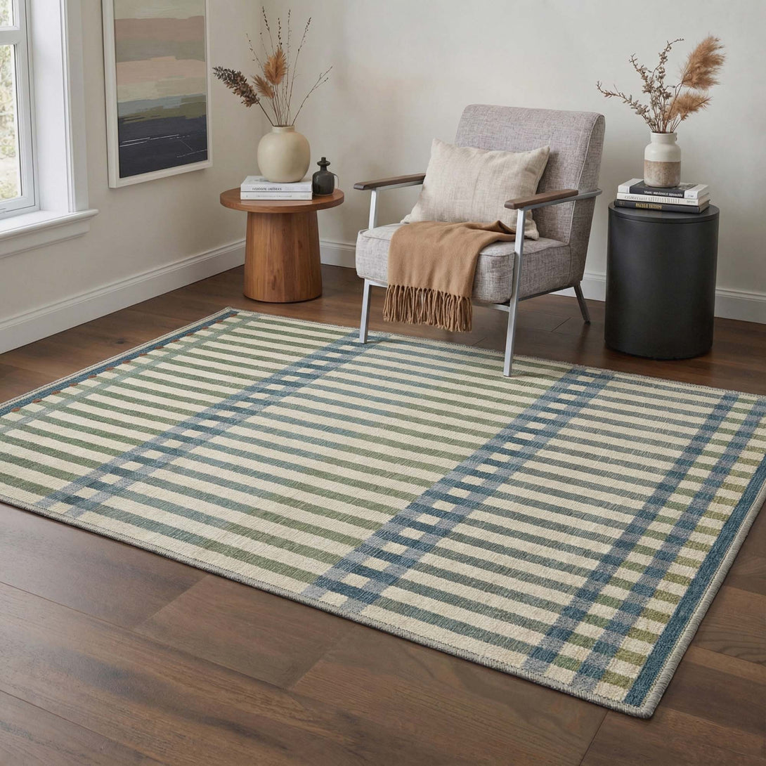Rilen Minimalist Striped Washable Rug in Green | GENIMO