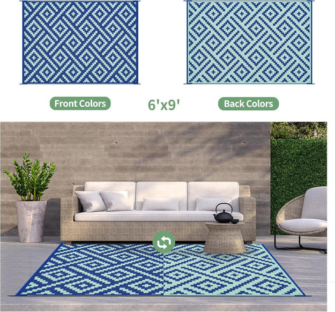 GENIMO Rhombic Printed Double Sided Waterproof Outdoor Rug Blue
