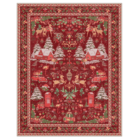 Mirrel Christmas Washable Red Rug with Winter Snow House