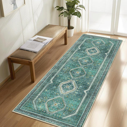 GENIMO Machine Washable Runner Rug Non Slip Carpet with Gripper Green/Blue