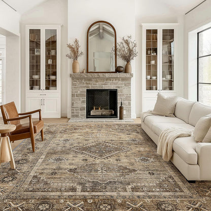 GENIMO Fantasy Geometric Floral Print Non-Slip Washable Area Rug Brown