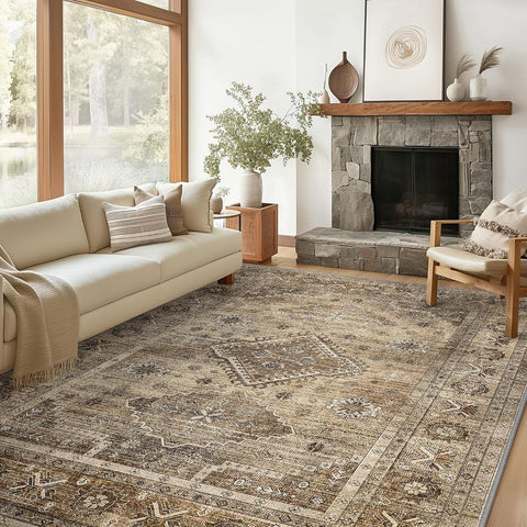 GENIMO Fantasy Geometric Floral Print Non-Slip Washable Area Rug Brown
