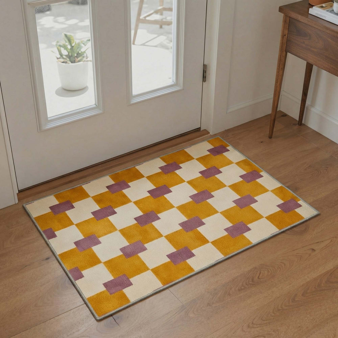 Varo Modern Patchwork Checkerboard Rug in Yellow | GENIMO