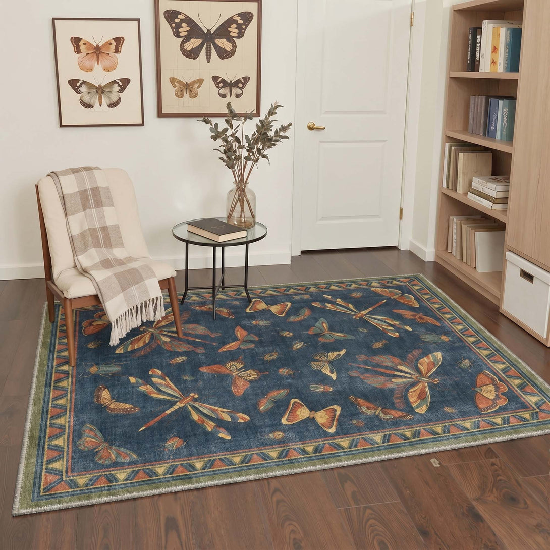 Virelle Washable Boho Vintage Insect & Butterfly Blue Rug – GENIMO
