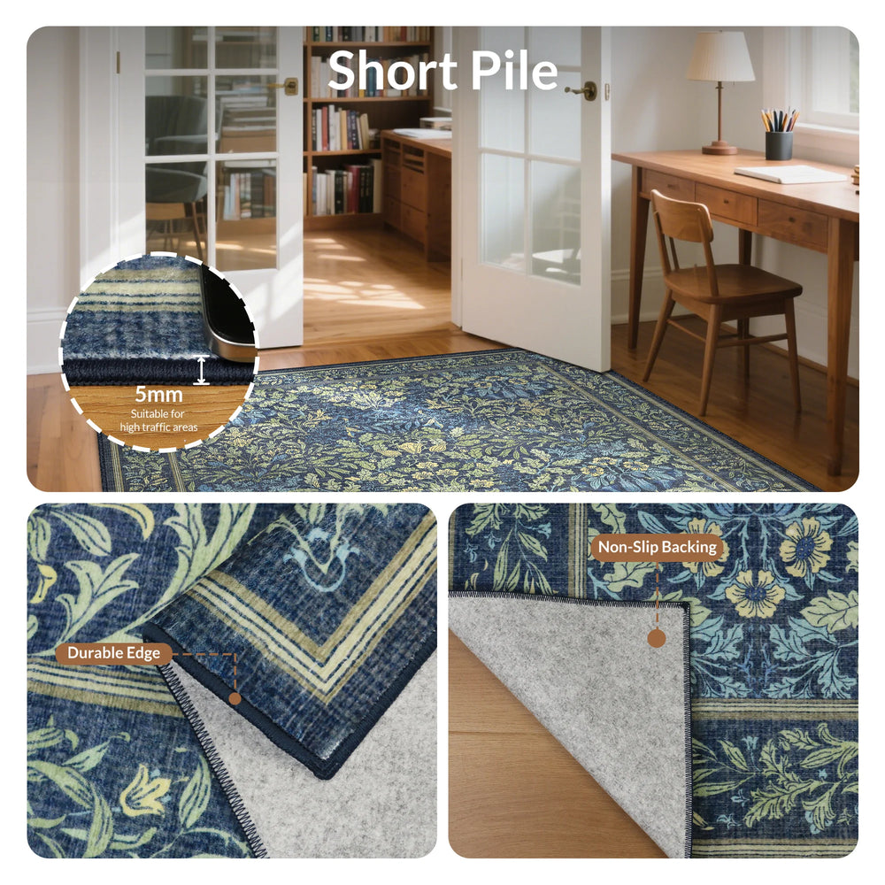 Runa Washable Vintage Floral Print Blue Rugs – GENIMO