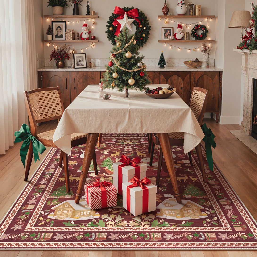 Alaric Christmas Washable Red Rugs with Santa and Pine - TZ3031 - SNR - 4X6