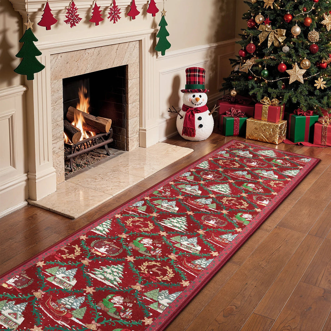 Aurora Christmas Washable Santa Sleigh and Reindeer Belgian Velvet Rug - DT1306 - AH - 2X6