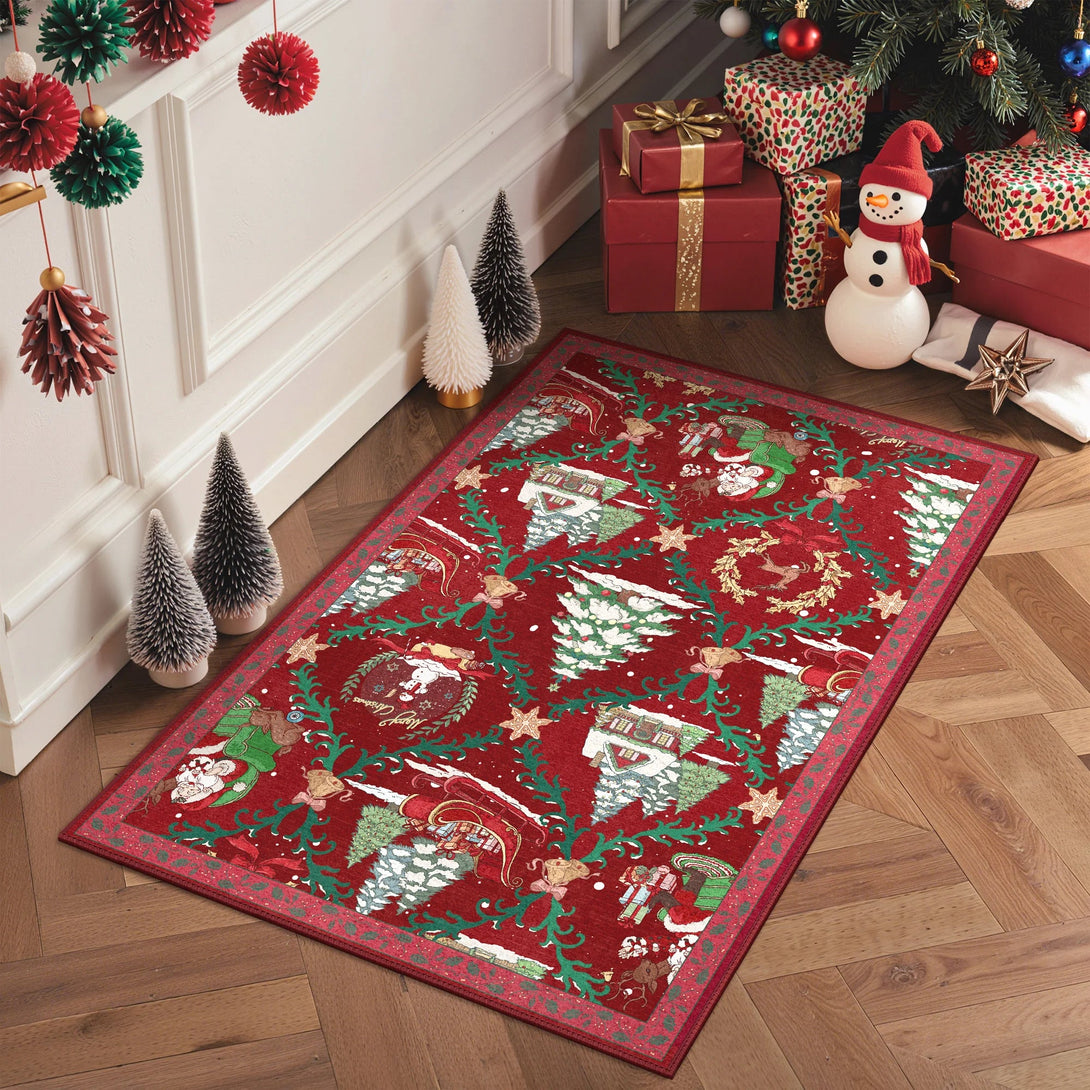 Aurora Christmas Washable Santa Sleigh and Reindeer Belgian Velvet Rug - DT1306 - AH - 2X6