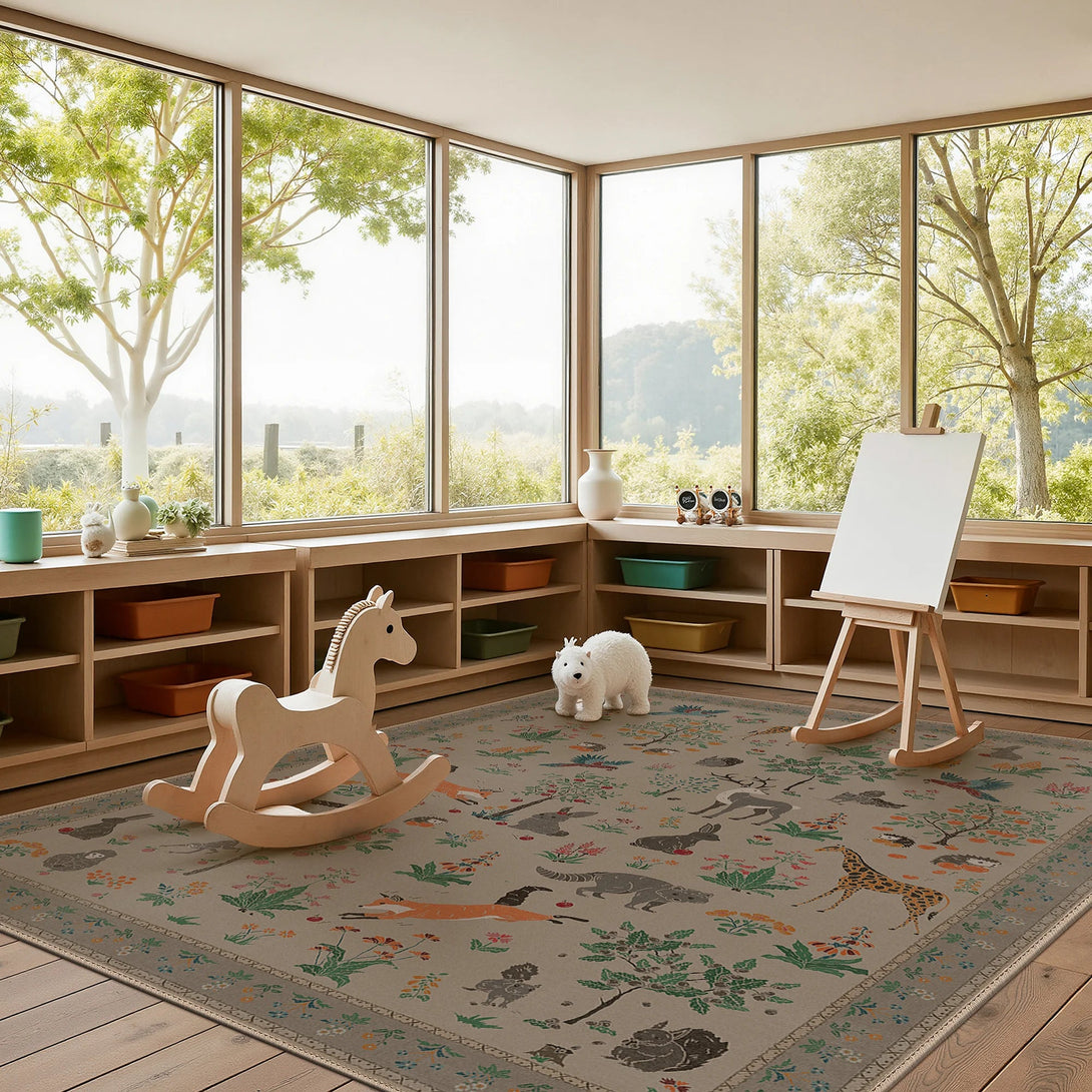 Aven Machine Washable Forest Animal Gray Rugs - RG4002 - LIGHTTAUPE - 5X7FT