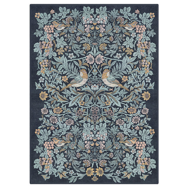 Aviara Washable Vintage Blooming Floral Bird Dark Blue Rug