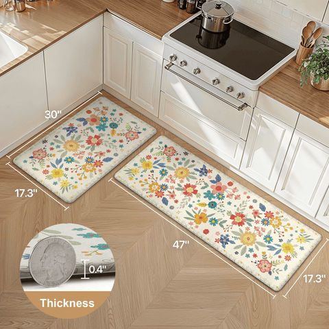 GENIMO 2Pcs Anti Fatigue Padded Kitchen Mats for Floor Floral Printed Washable Runner Rugs