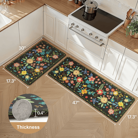 GENIMO 2Pcs Anti Fatigue Padded Kitchen Mats for Floor Floral Printed Washable Runner Rugs