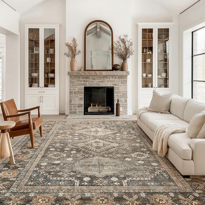 GENIMO Fantasy Geometric Floral Print Non-Slip Washable Area Rug Brown