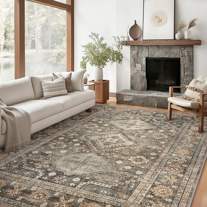 GENIMO Fantasy Geometric Floral Print Non-Slip Washable Area Rug Brown