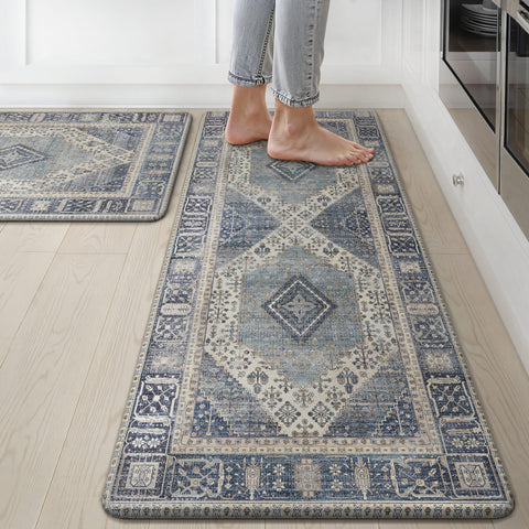 GENIMO 2Pcs Anti Fatigue Padded Kitchen Mats for Floor Oriental Washable Runner Rug