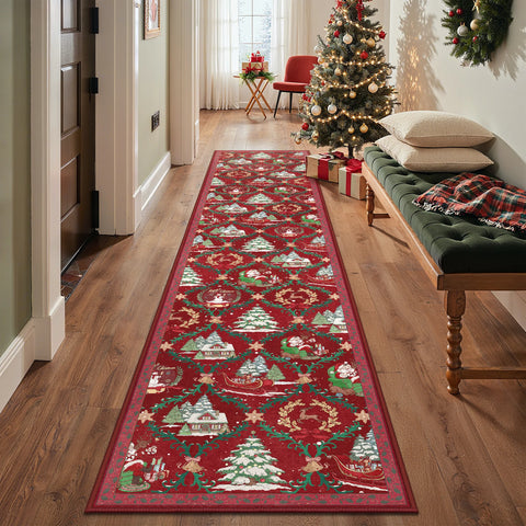 Aurora Christmas Washable Santa Sleigh and Reindeer Belgian Velvet Rug